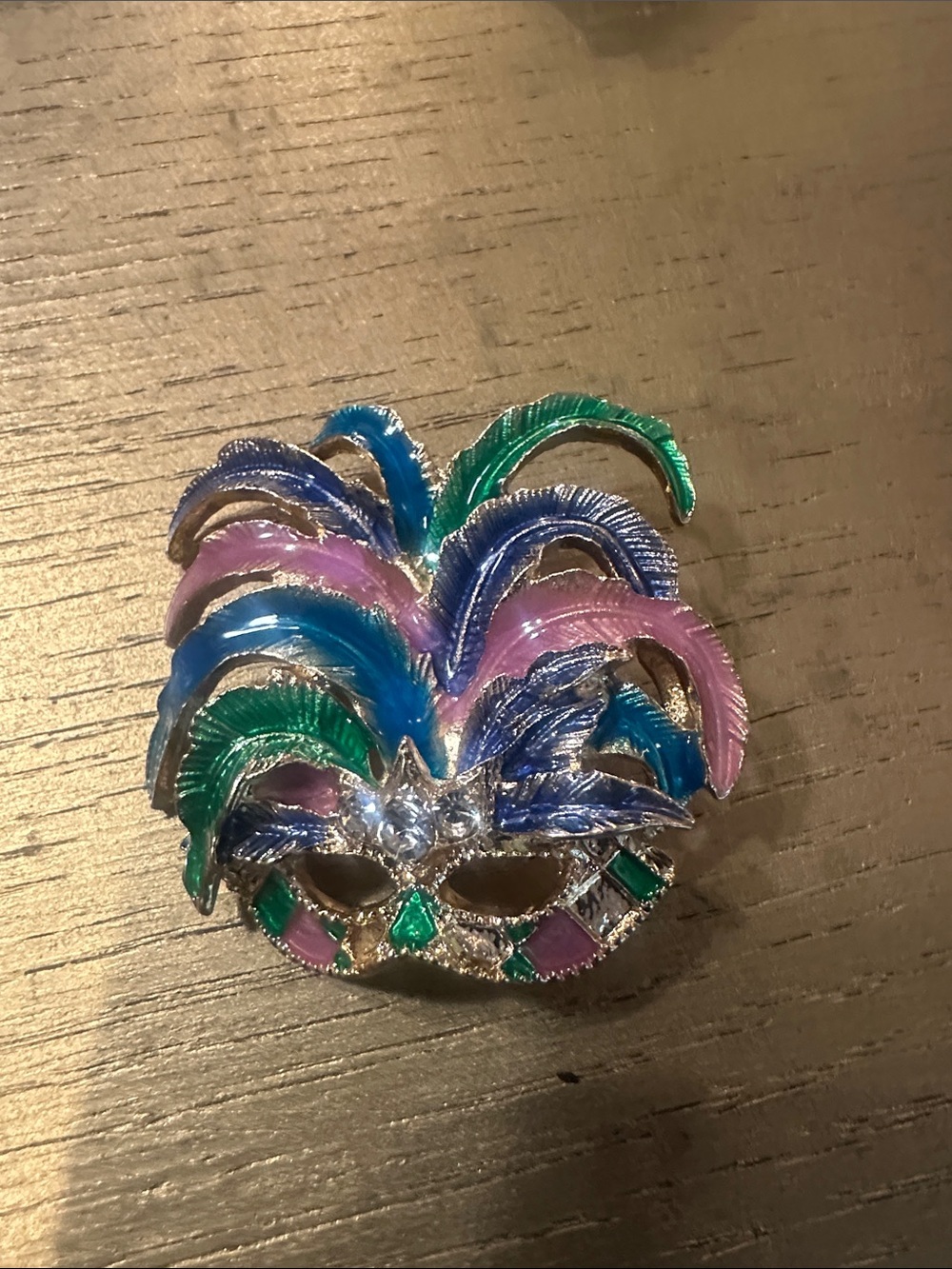 Masquerade Feather Enamel Brooch in Blue, Green & Pink